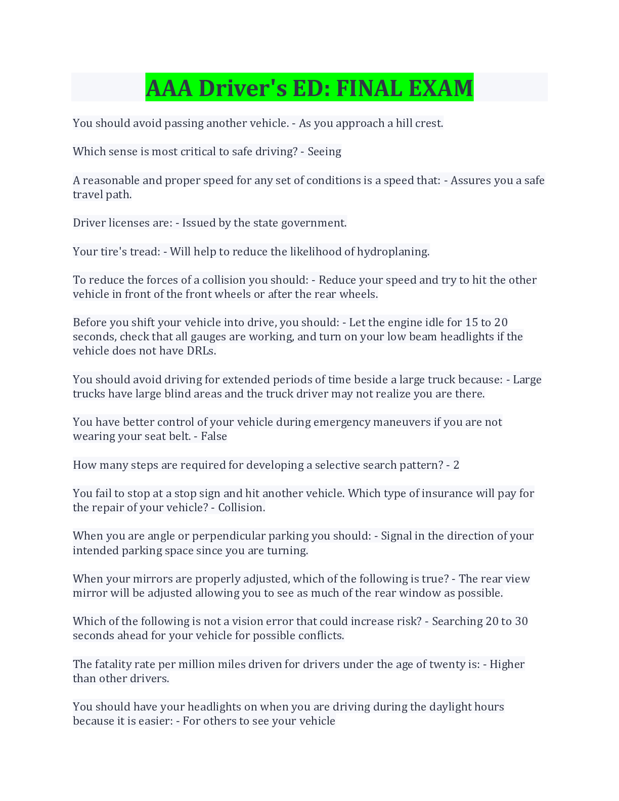 Preview image for AAA Driver's ED: FINAL EXAM QUESTIONS AND ANSWERS